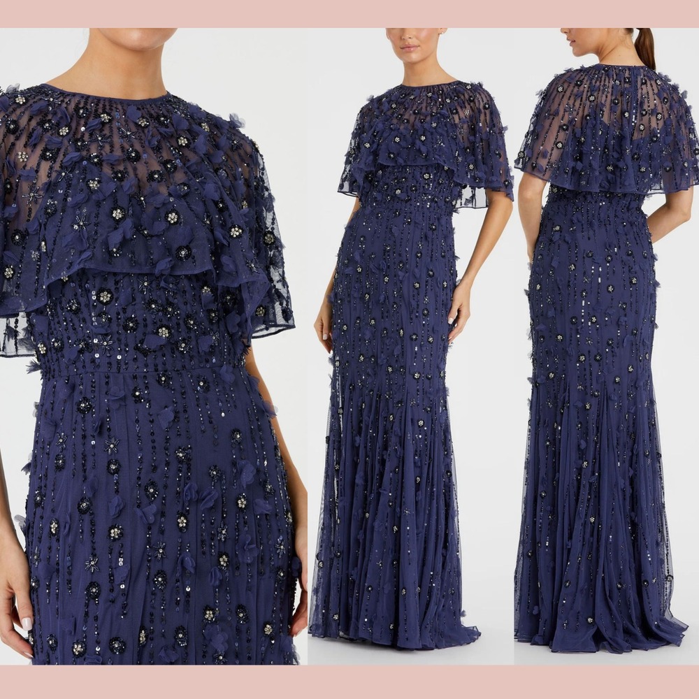 NWT $698 Mac Duggal‎ [ 6 ] 93653 Embellished Cape Sleeve Trumpet Gown Blue J1616